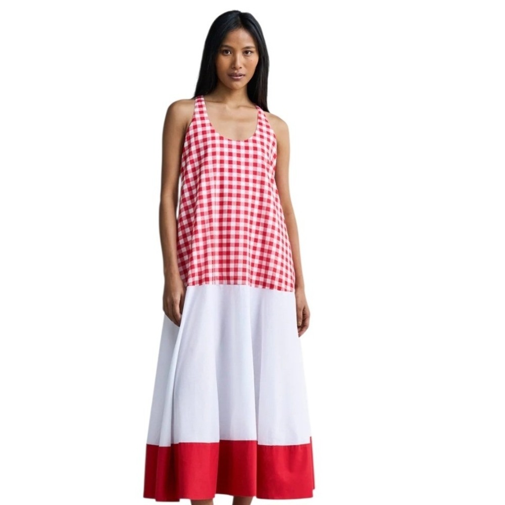 Nicobar Karibu Gingham Women's size Medium Euro Summer Beachy Resort Maxi Dress